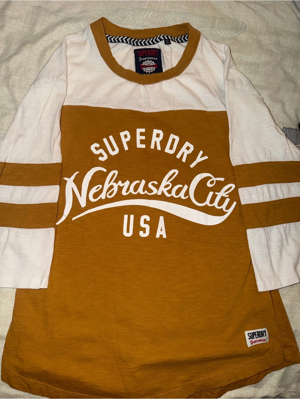 Superdry Kids Long Sleeve Tee in Mustard and White - Nebraska City USA Graphic